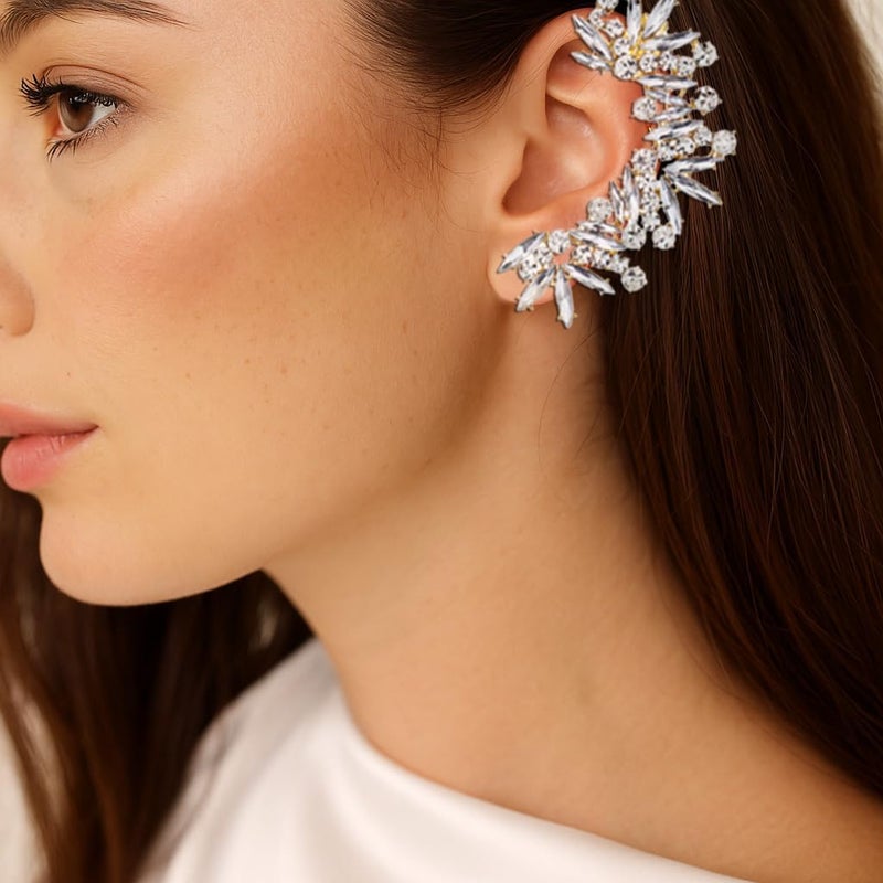 STONEFANS Rhinestone Silver Full Ear Cuff Earrings for Women Ear Clip Wrap Statement Climber Crawler Earrings for Women Hypoallergenic Silver Wedding Jewelry Gifts - Image 4